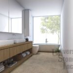 3d rendering wood clean bathroom with built in design